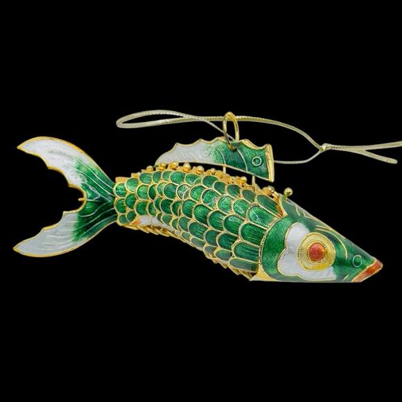 Cloisonné Style Articulated Koi Fish Ornament Green Enamel Hinged Asian Decor - Picture 1 of 8